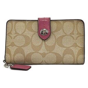 Auth COACH Signature - Beige Gray Beige Pink PVC Leather Bifold Wallet